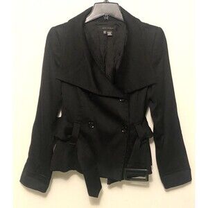 Zara Woman Double Breasted Short Peacoat Coat Jacket Wool Size 8 Black W/ Belt